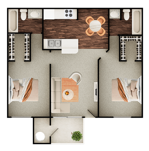 Floor plan for 2 beds, 2 baths, 858 sqft